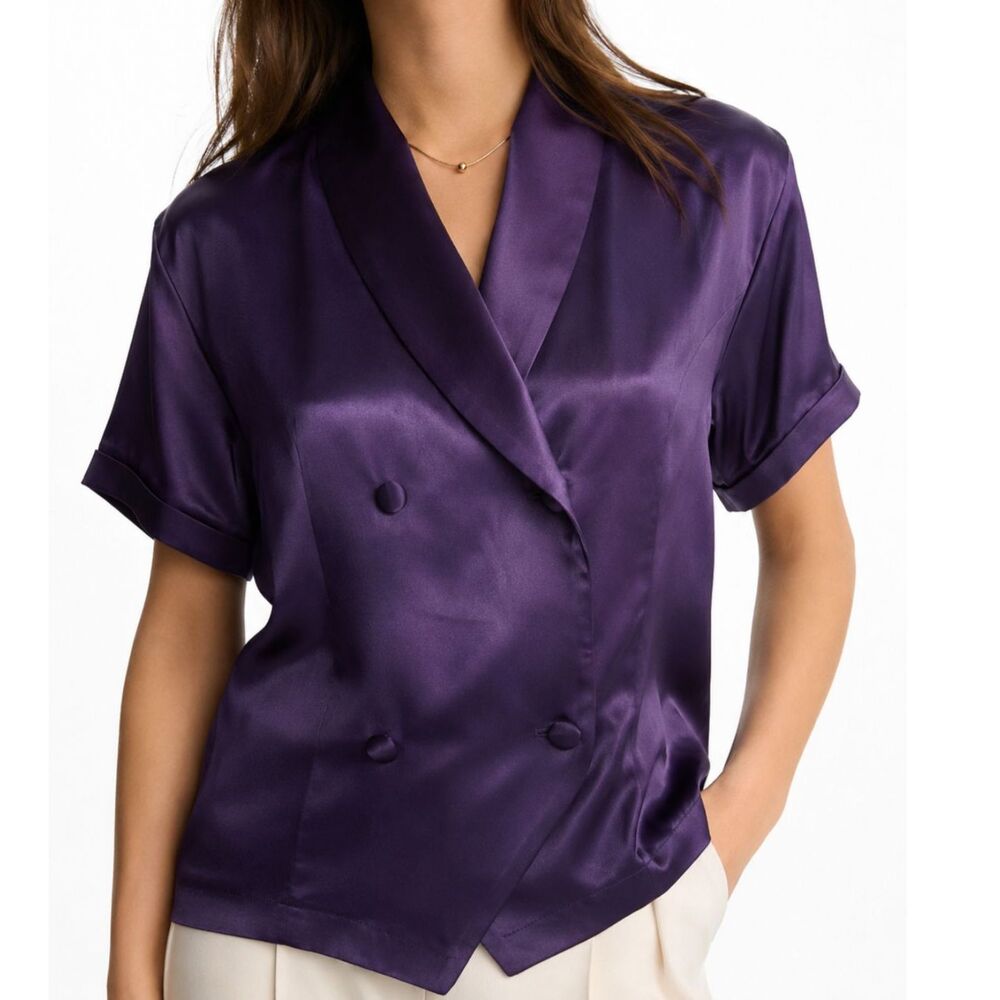 Camille Claudel Women Satin Blouse Purple XL Vintage 90s Double Breasted